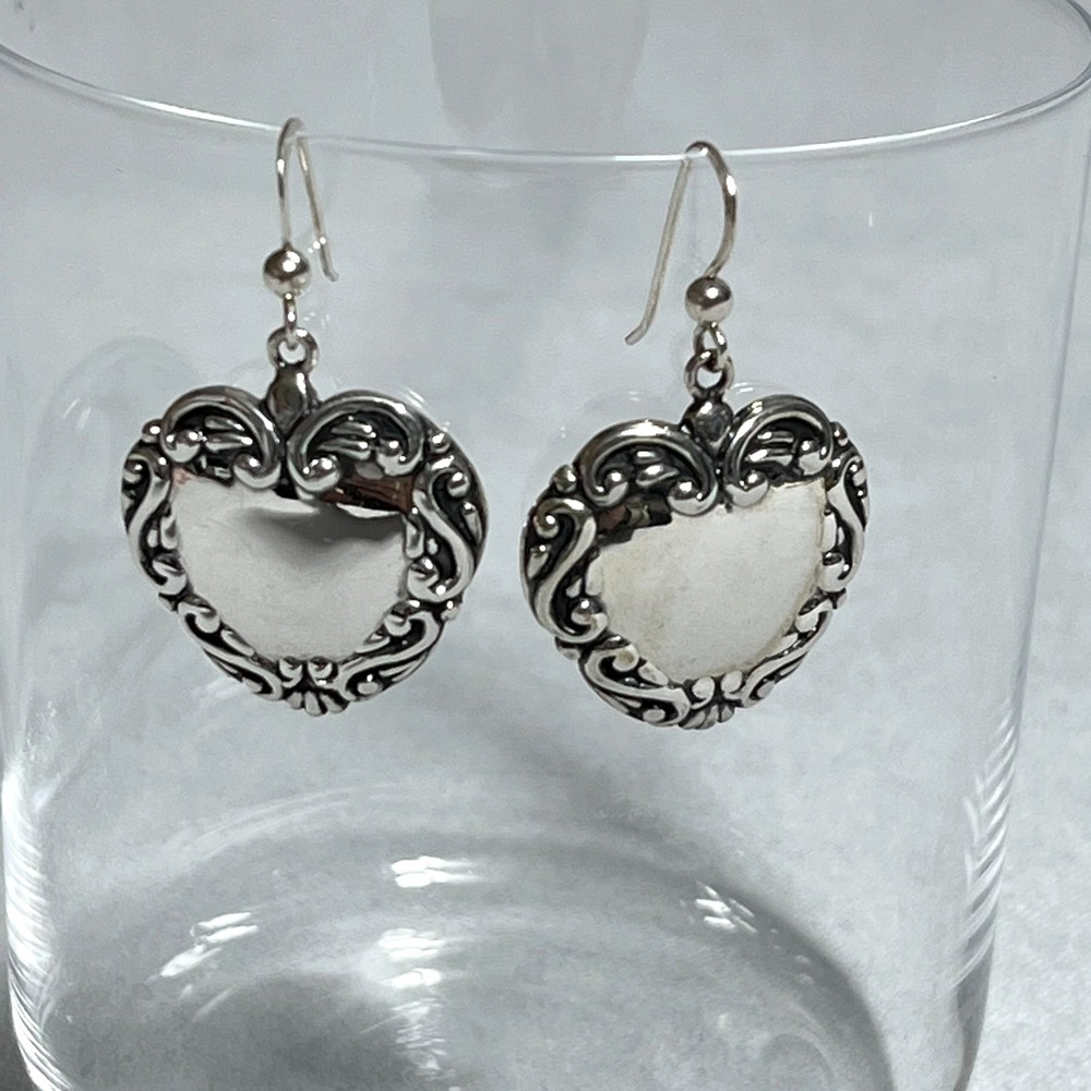 Vintage MWS Sterling Sliver Drop Heart Earrings Victorian Romantic Ornate